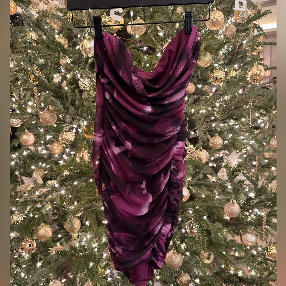 Oh Polly Purple Petal Strapless Bodycon Ruched Mini Dress